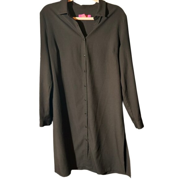 Catherine Malandrino Black Shirt Dress L Collared Button Front Roll Tab Sleeve - Picture 10 of 11